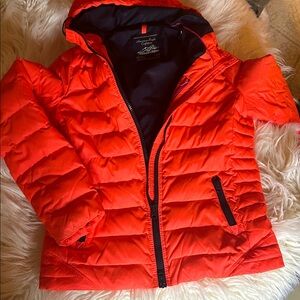American Eagle bright orange and blue hooded down jacket
